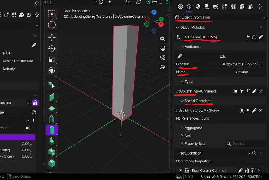 Highlighting how object information is presented in Bonsai BIM | EngineeringSkills.com