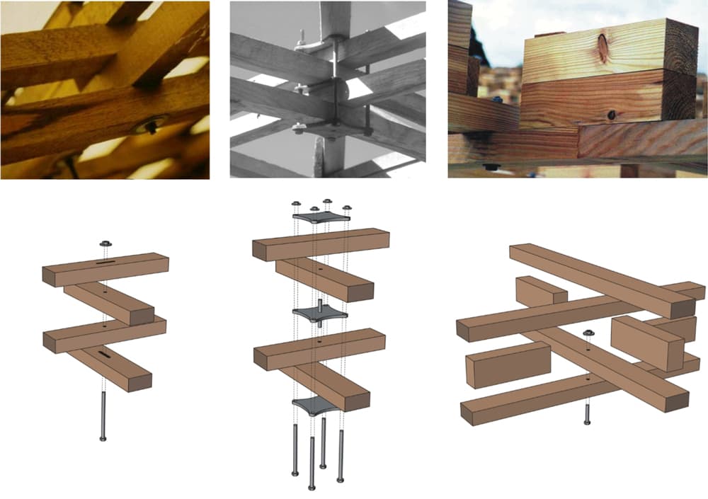 Three different double layering techniques showing connection details; slotted hole (left), clamping plate (middle) and shear block (right) | EngineeringSkills.com