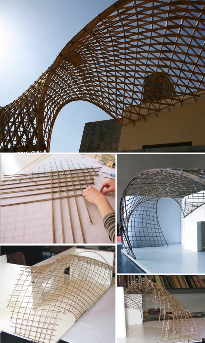 Full-scale timber gridshell (top) and collection of model images | EngineeringSkills.com