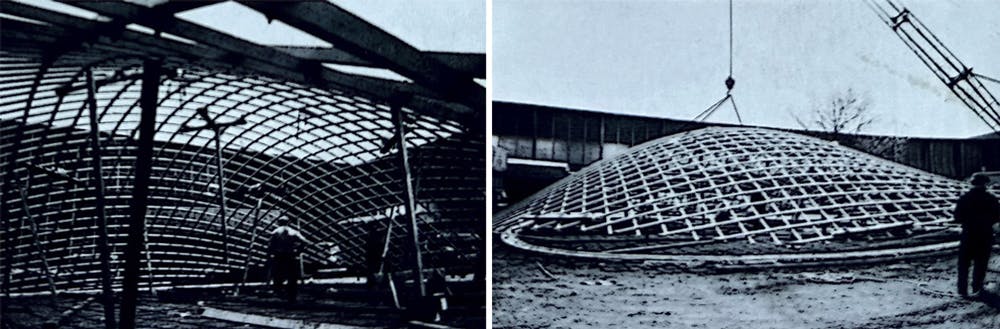 The gridshell under construction, propped from below (left) and the lattice being raised into position by a mobile crane (right)  | EngineeringSkills.com