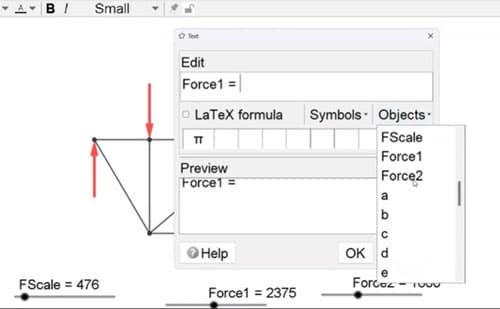 Dynamically displaying the magnitude of Force1 on the 2D canvas using a dynamic text element. | EngineeringSkills.com