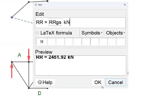 Use dynamic text to display the reaction obtained by multiplying the length of RRseg by the force scale. | EngineeringSkills.com