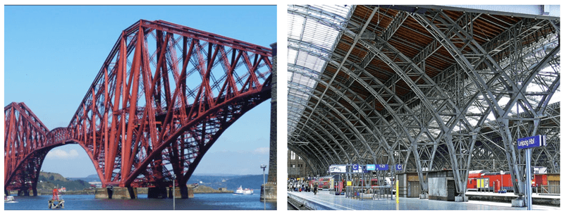 Forth Bridge demonstrating truss action (left), Truss roof structure (right) | EngineeringSkills.com