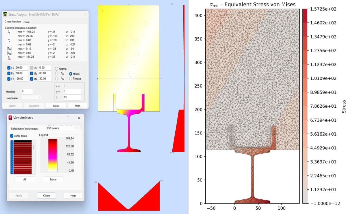 Comparison of von Mises stress in `sectionproperties` (right) and Autodesk Robot (left) | EngineeringSkills.com
